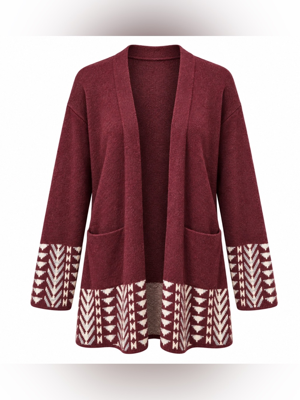 FRYE Cozy Cardigan Burgundy Southwestern Geometric Open Front Sweater Size XL